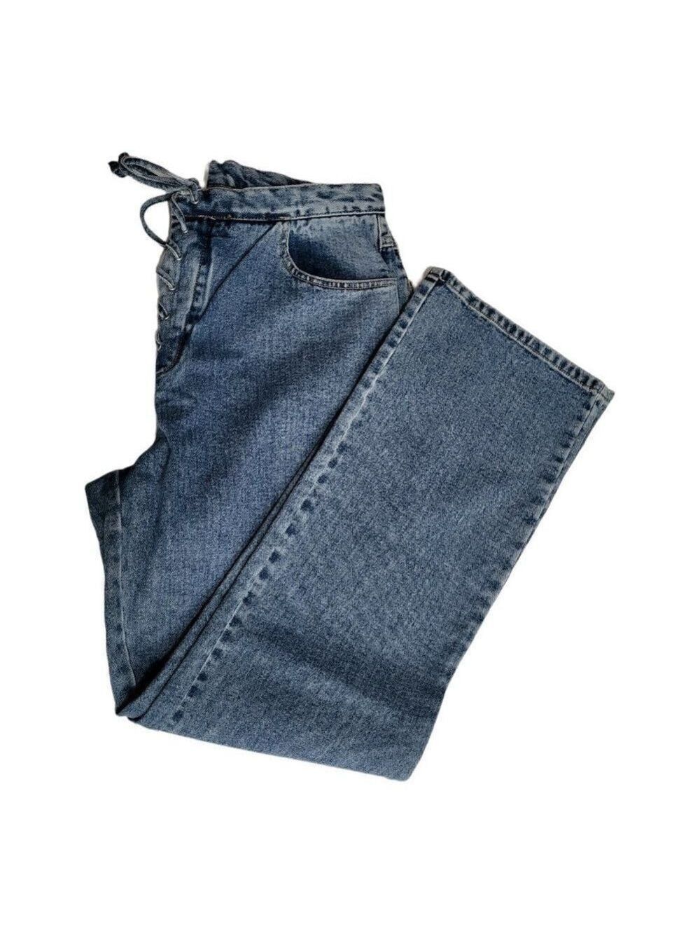 NEWPORT News Jeanology High Rise Mom Jeans Blue Denim Tie Closure Size 14 - Picture 4 of 9